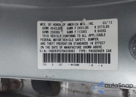 2013 Honda Accord Ex-L V-6 из США, поврежденный, VIN 1HGCR3F87DA038862